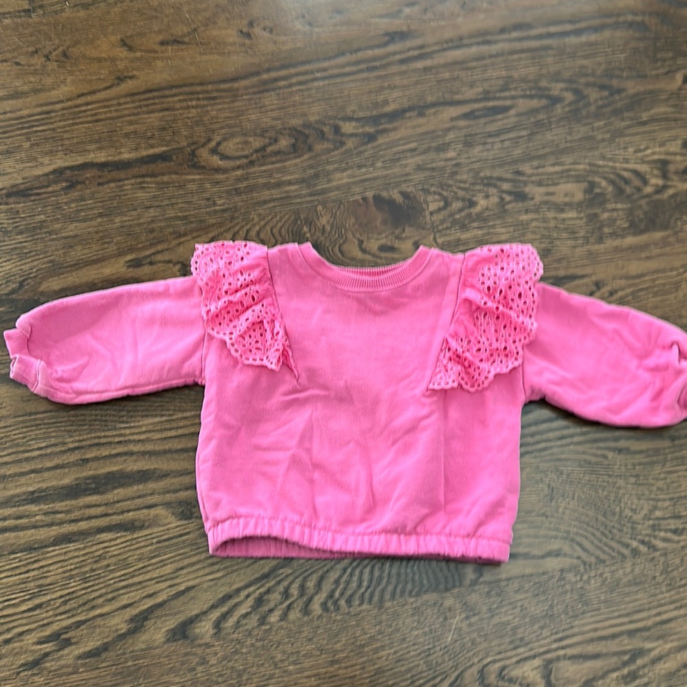 Zara 12-18 month toddler girl sweatshirt. Pink w eyelet ruffle shoulder detail.